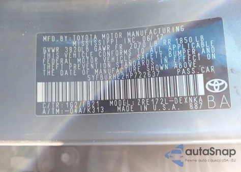 2017 Toyota Corolla Le z USA, uszkodzony, nr VIN 5YFBURHE2HP722637